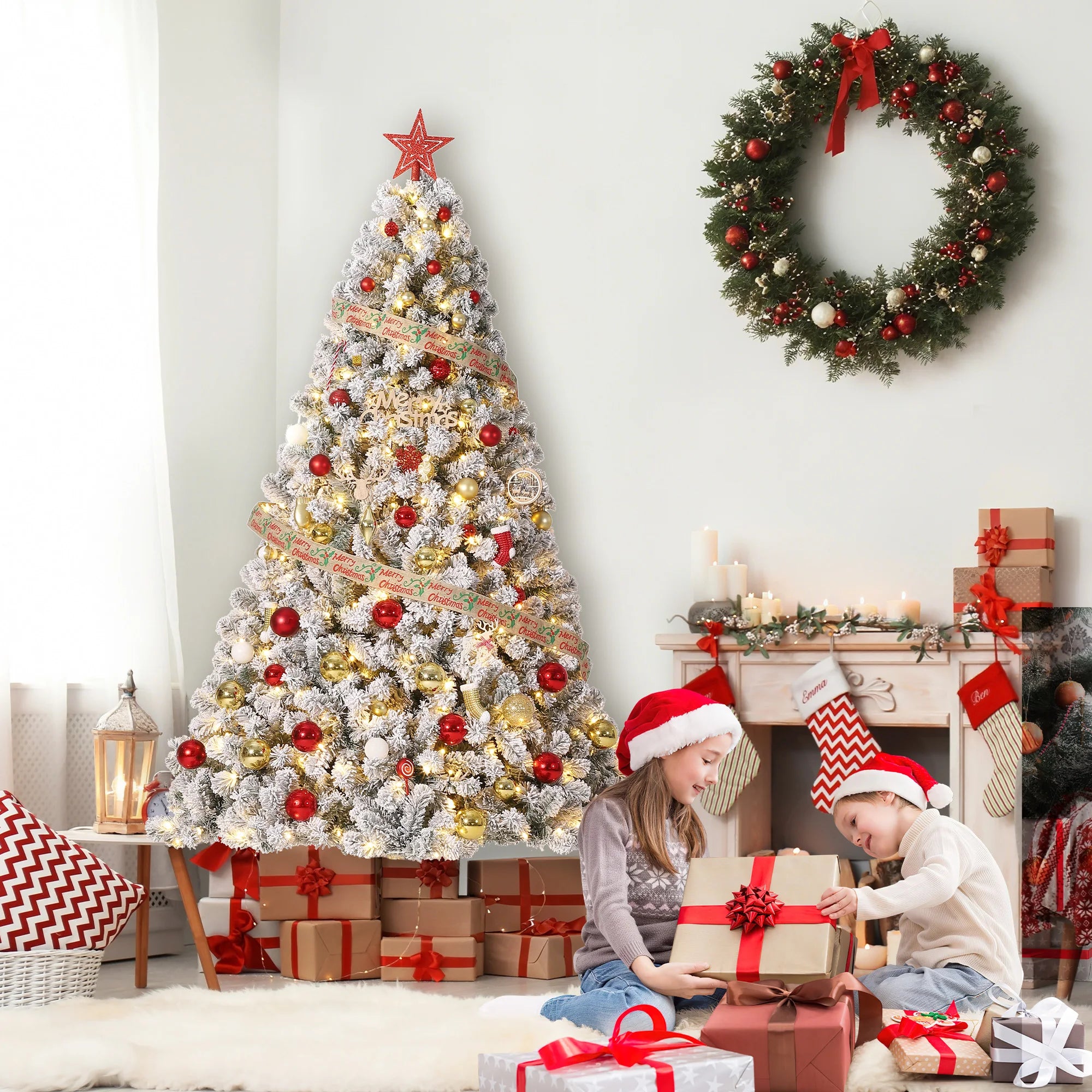 GAOMON Flocked Pre-Lit Artificial Christmas Tree — Snowy Fraser Fir Decor
