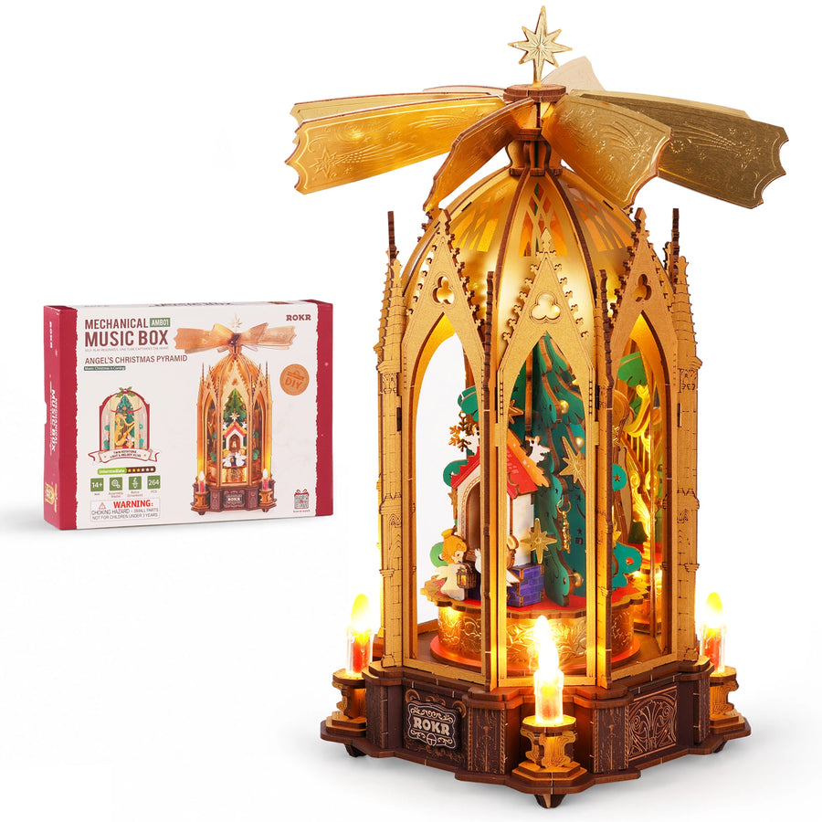 ROKR Angel's Christmas Pyramid — 3D Wooden Music Box with LED Light
