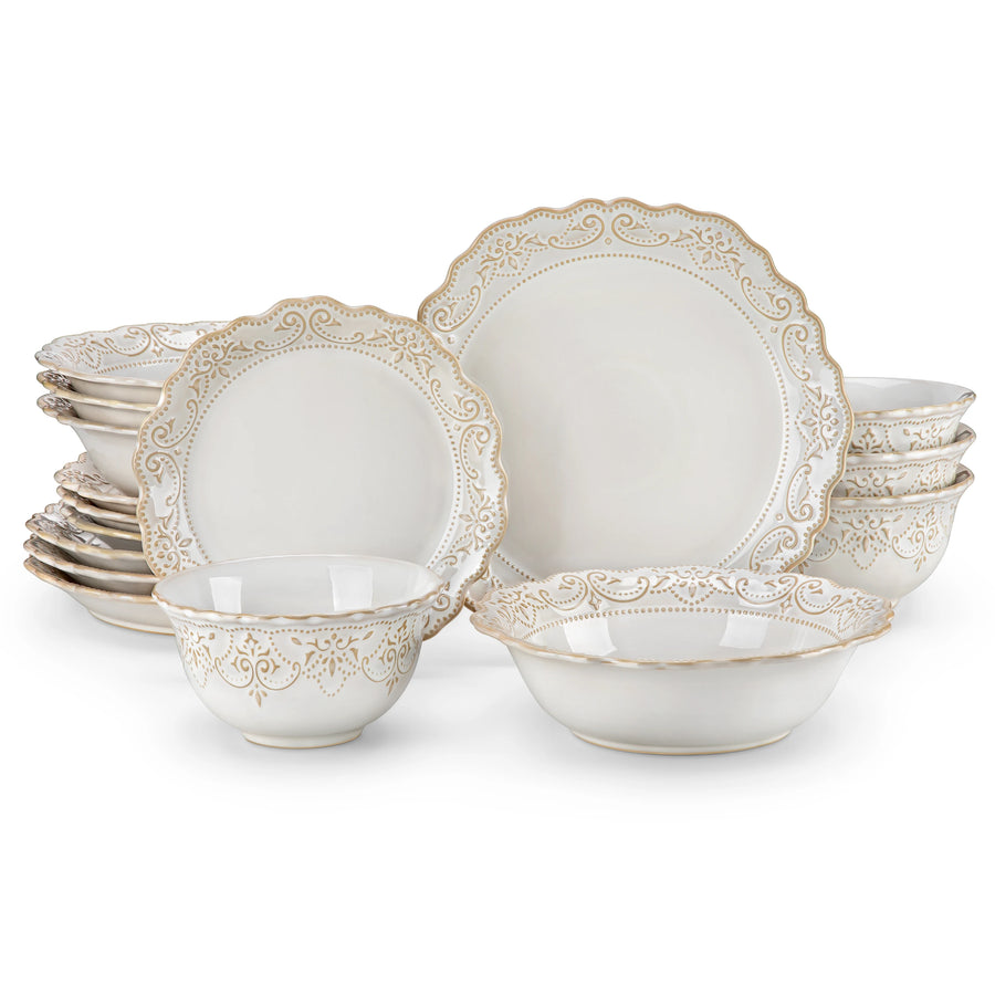 MALACASA White Stoneware Dinnerware Set — Elegant Relief Design Plates & Bowls