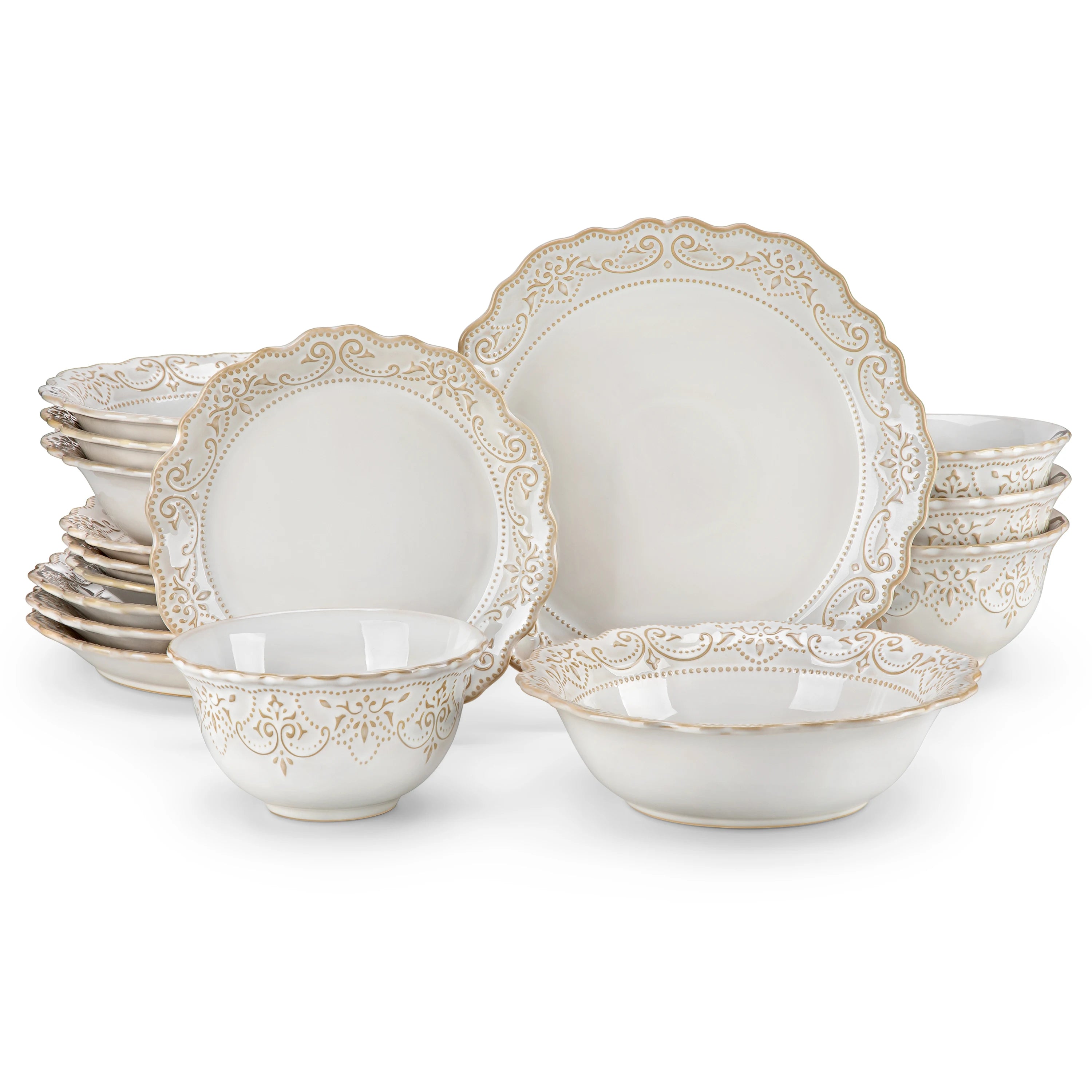 MALACASA White Stoneware Dinnerware Set — Elegant Relief Design Plates & Bowls