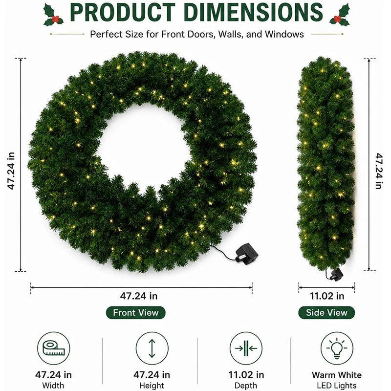 Artificial Pine Christmas Wreath — Prelit LED Greenery for Holiday Decor