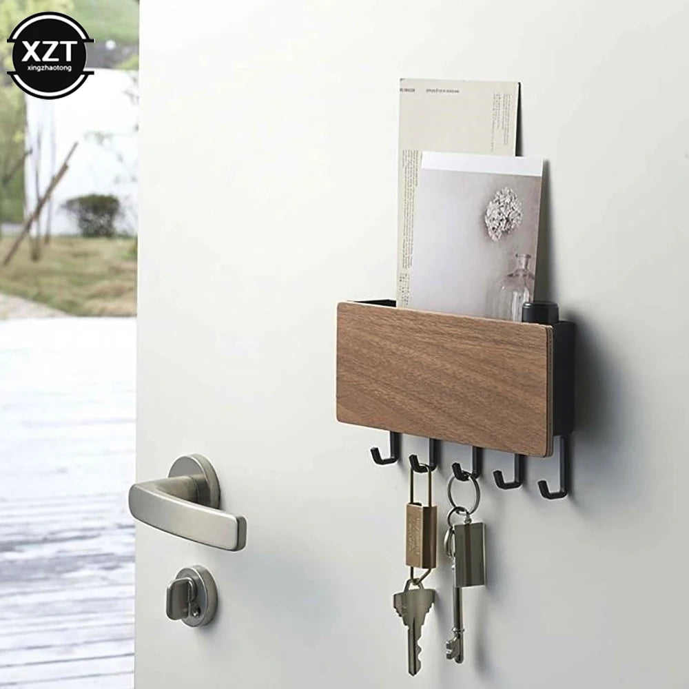 Bamboo Wall Hanging Key Rack — Space-Saving Organizer with 5 Hooks