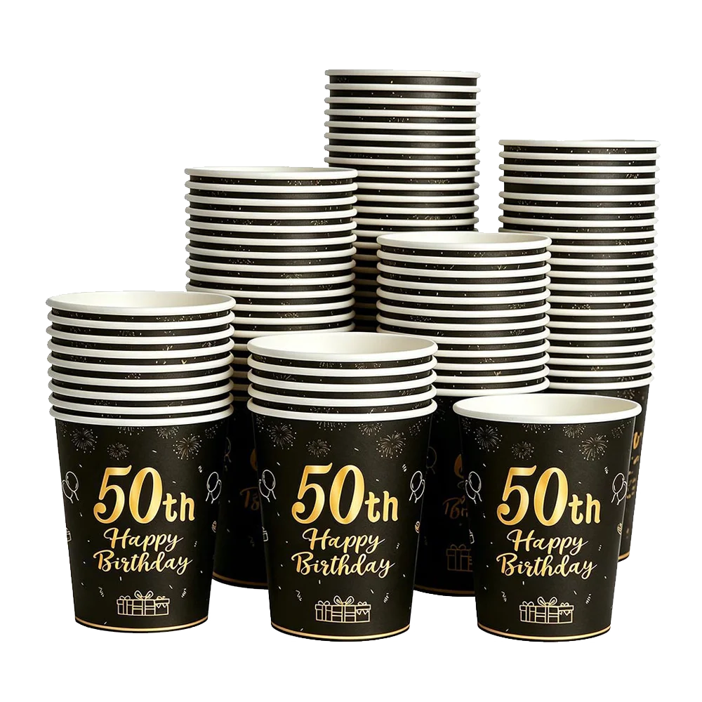 PartiesTour Black and Gold Disposable Paper Cups — Elegant Birthday Party Supplies