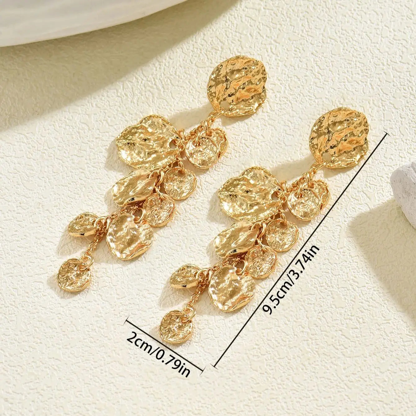 Obega Vintage Textured Disc Earrings — Hammered Coin Tassel Dangle Studs
