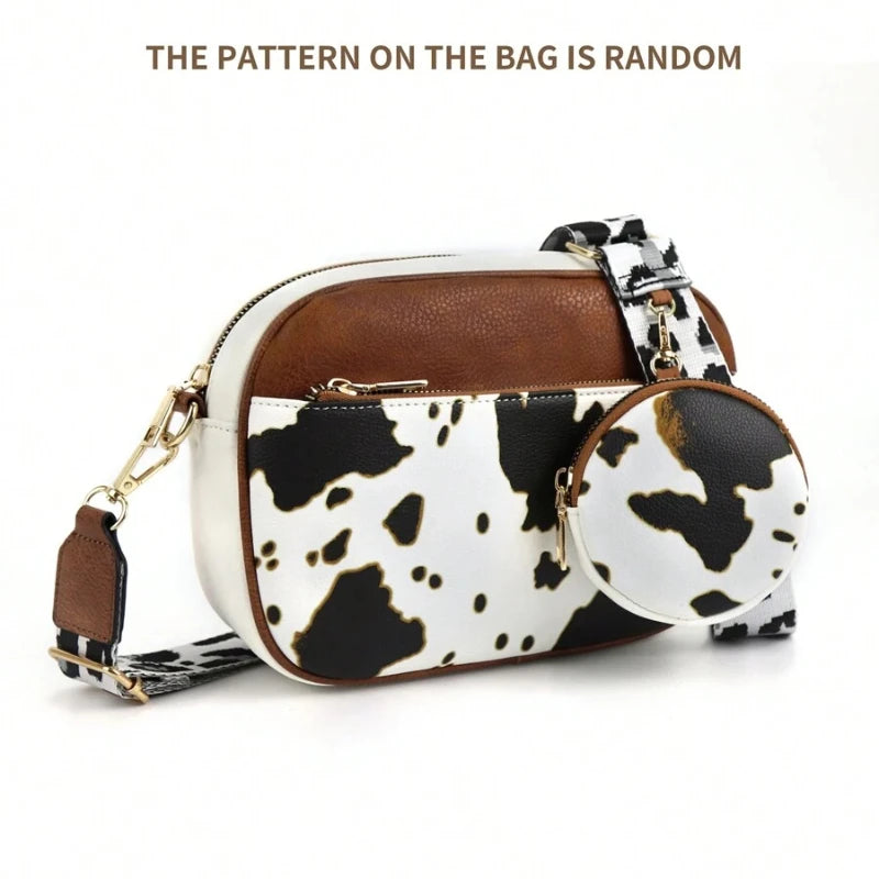 Retro Cow Pattern Crossbody Bag — Stylish Colorblock Shoulder Purse