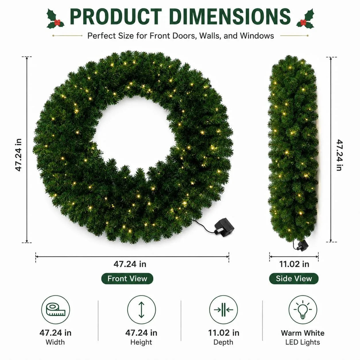 Artificial Pine Christmas Wreath — Prelit LED Greenery for Holiday Decor