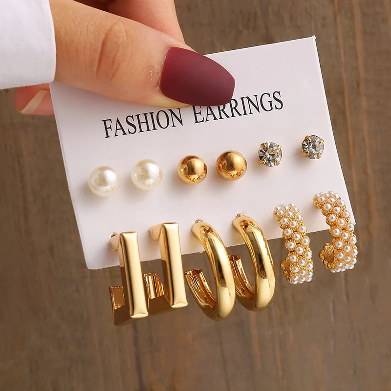 Vintage Geometric Pearl Earrings Set — Gold Tone Dangle & Stud Jewelry