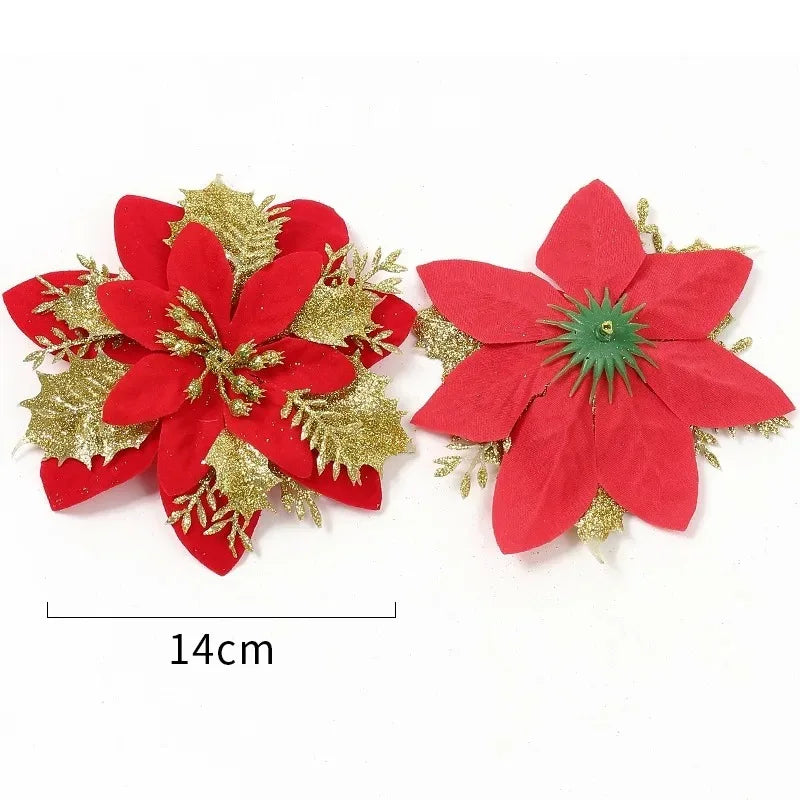 Glitter Artificial Poinsettia Flowers — Festive Holiday Tree Ornaments