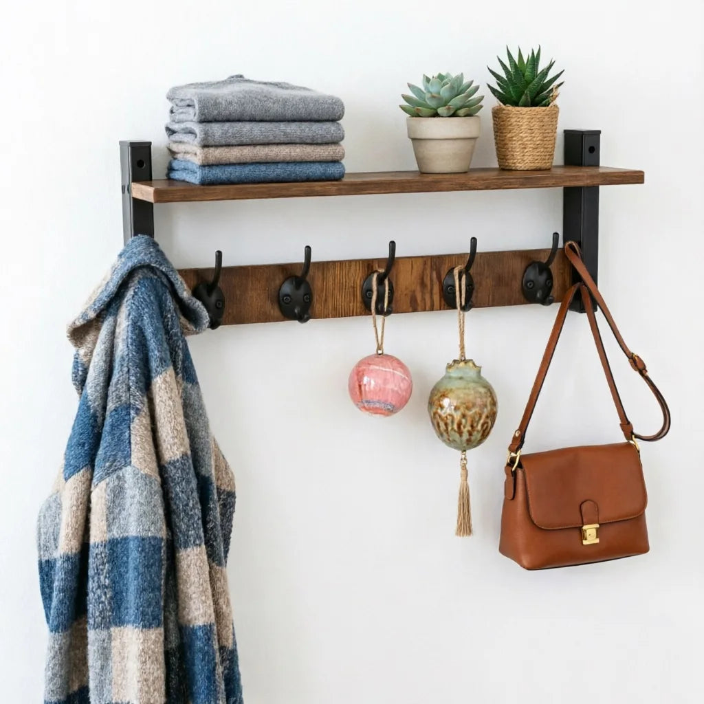 Rustic Wood Wall Shelf Key Holder — Floating Organizer with 5 Hooks