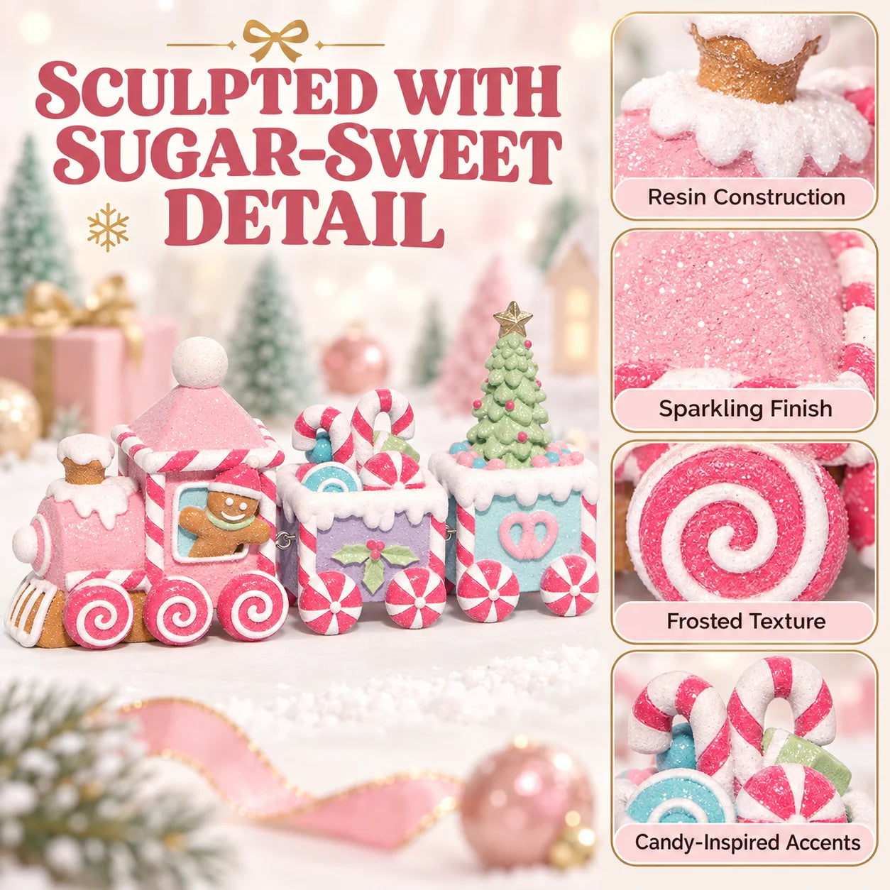 Hodao Gingerbread Christmas Train Set — 3-Piece Sweet-Themed Resin Figurine