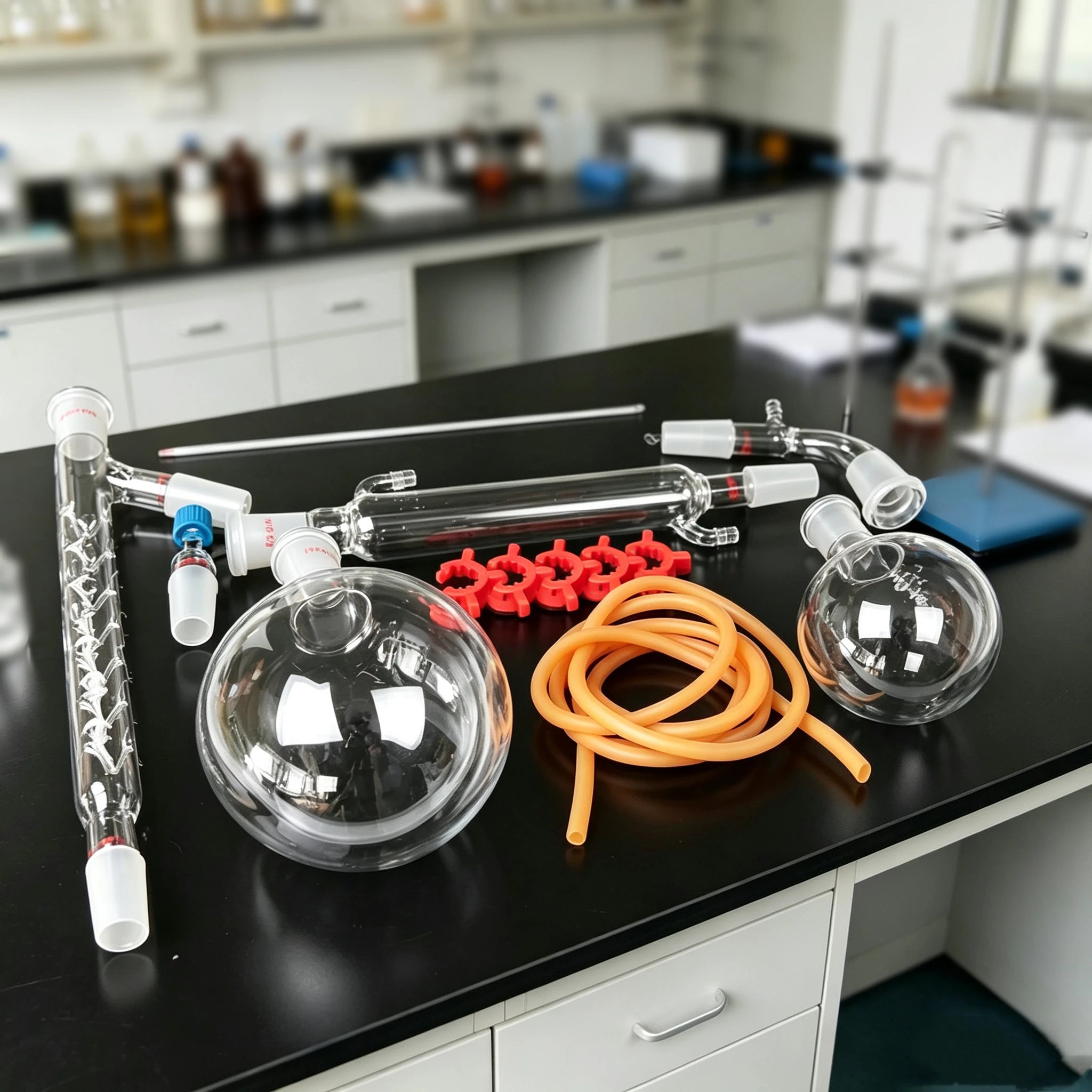 Laboratory Glassware Distillation Kit — 13 Piece Chemistry Set with Round-Bottom Flasks