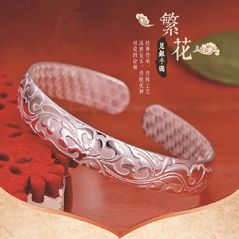 Sterling Silver Decorative Pattern Cuff — Elegant Animal Design Bangle