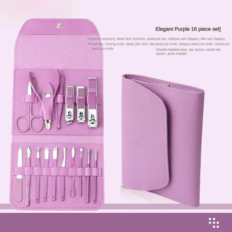 Professional 16-Piece Manicure Set — Stainless Steel Grooming Kit with Leather Case