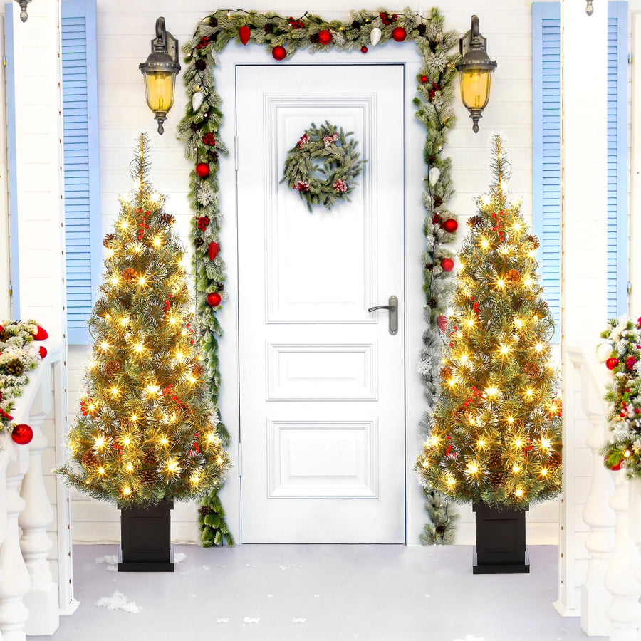 GAOMON 5FT Pre-Lit Snow Flocked Christmas Tree — Festive Decor with Red Berries