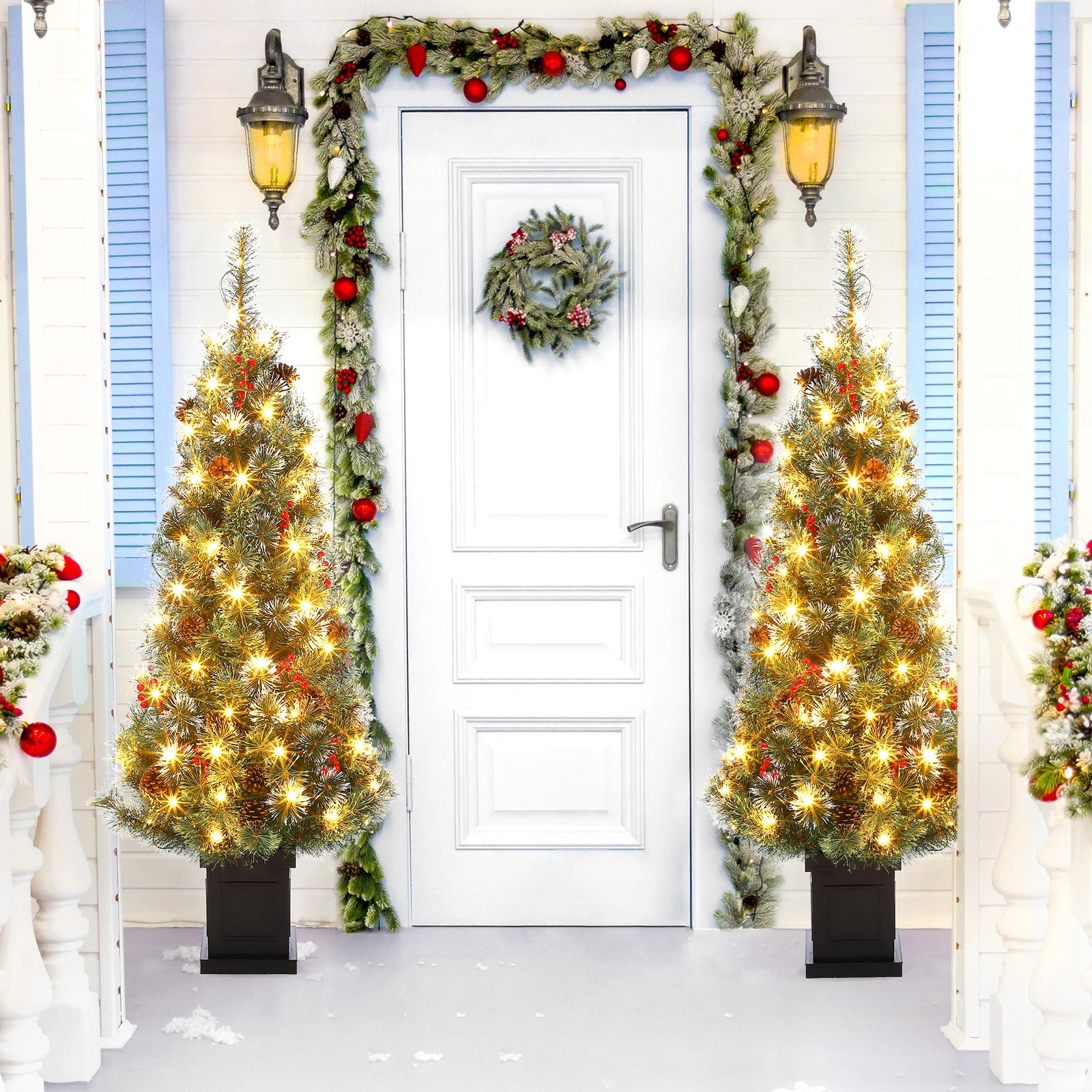 GAOMON 5FT Pre-Lit Snow Flocked Christmas Tree — Festive Decor with Red Berries