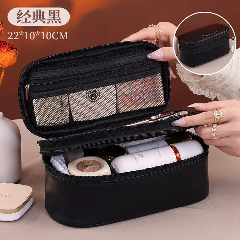 Double Layer Cosmetic Bag — Large Capacity PU Leather Makeup Organizer