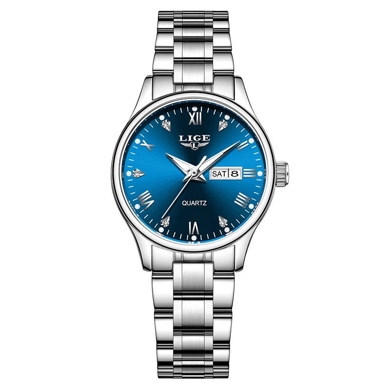 Elegant Women's Quartz Watch — Diamond Dial Stainless Steel Wristwatch