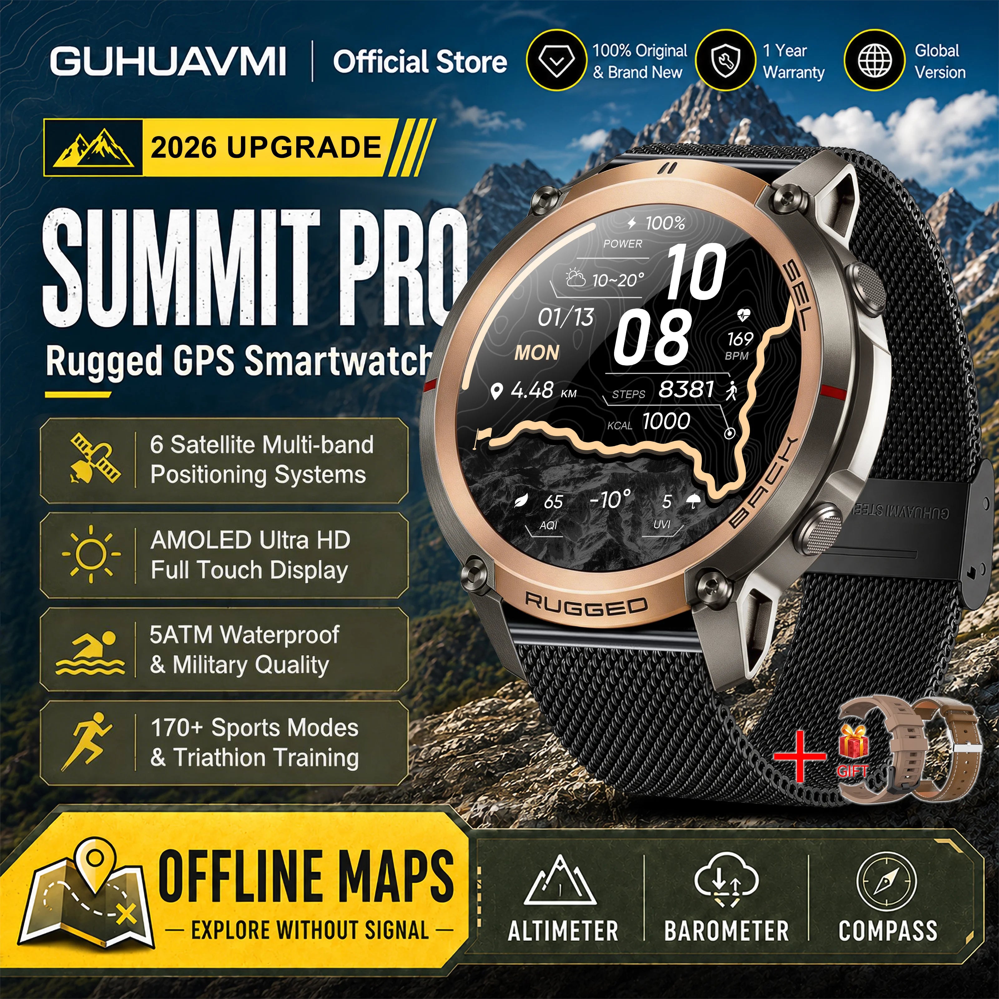 GUHUAVMI Military GPS Smartwatch — Offline Map & 5ATM Waterproof Sports Watch