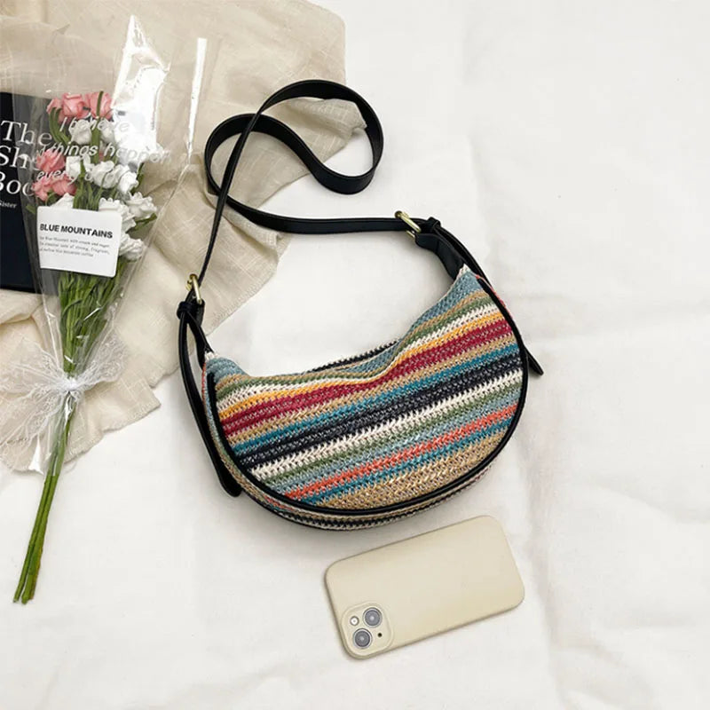 YIYUEQIANLI Bohemian Woven Hobo Bag — Versatile Striped Crossbody