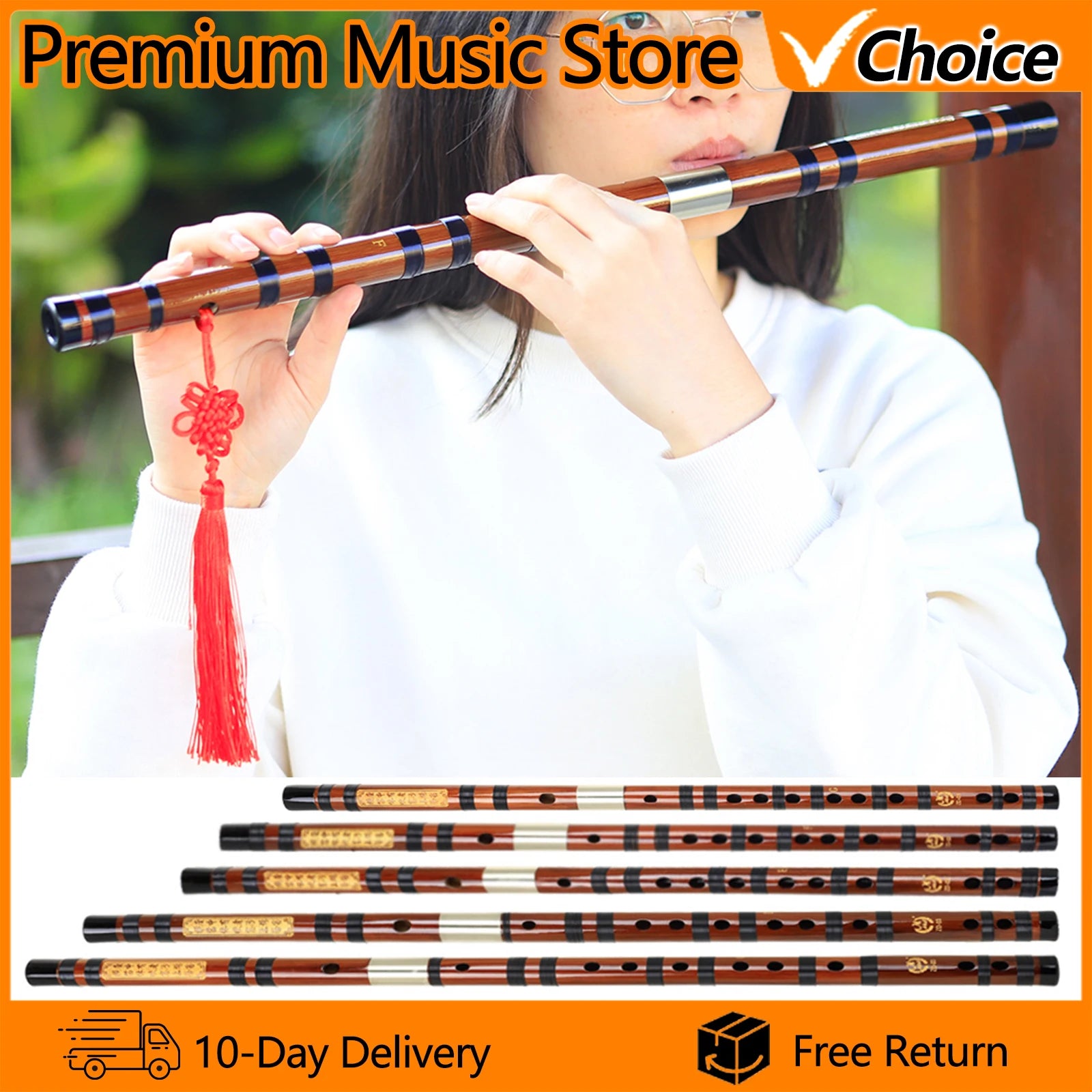 M MBAT Traditional Bamboo Flute — Handcrafted Musical Instrument with Brass Joints