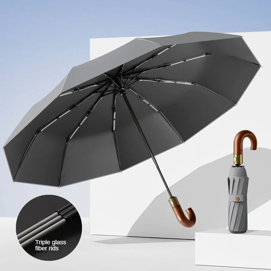 Compact Folding Umbrella — Windproof UV Protection with Curved Handle