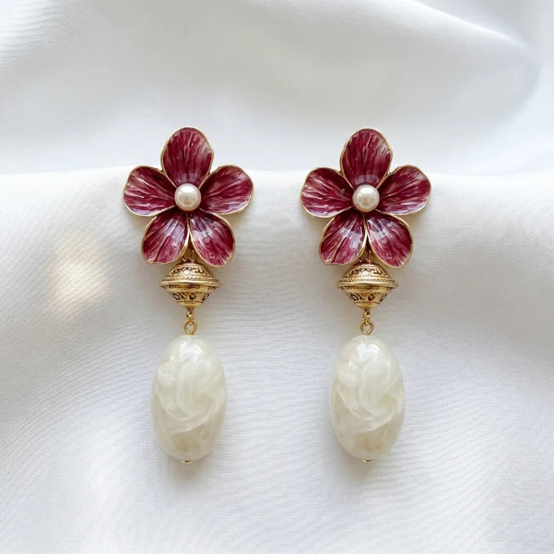 Obega Vintage Floral Enamel Drop Earrings — Romantic White Bead Dangle Jewelry