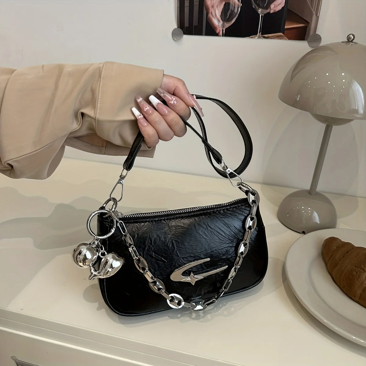 Women's Ruched Crossbody Bag — Elegant Chain Detail Daily Purse