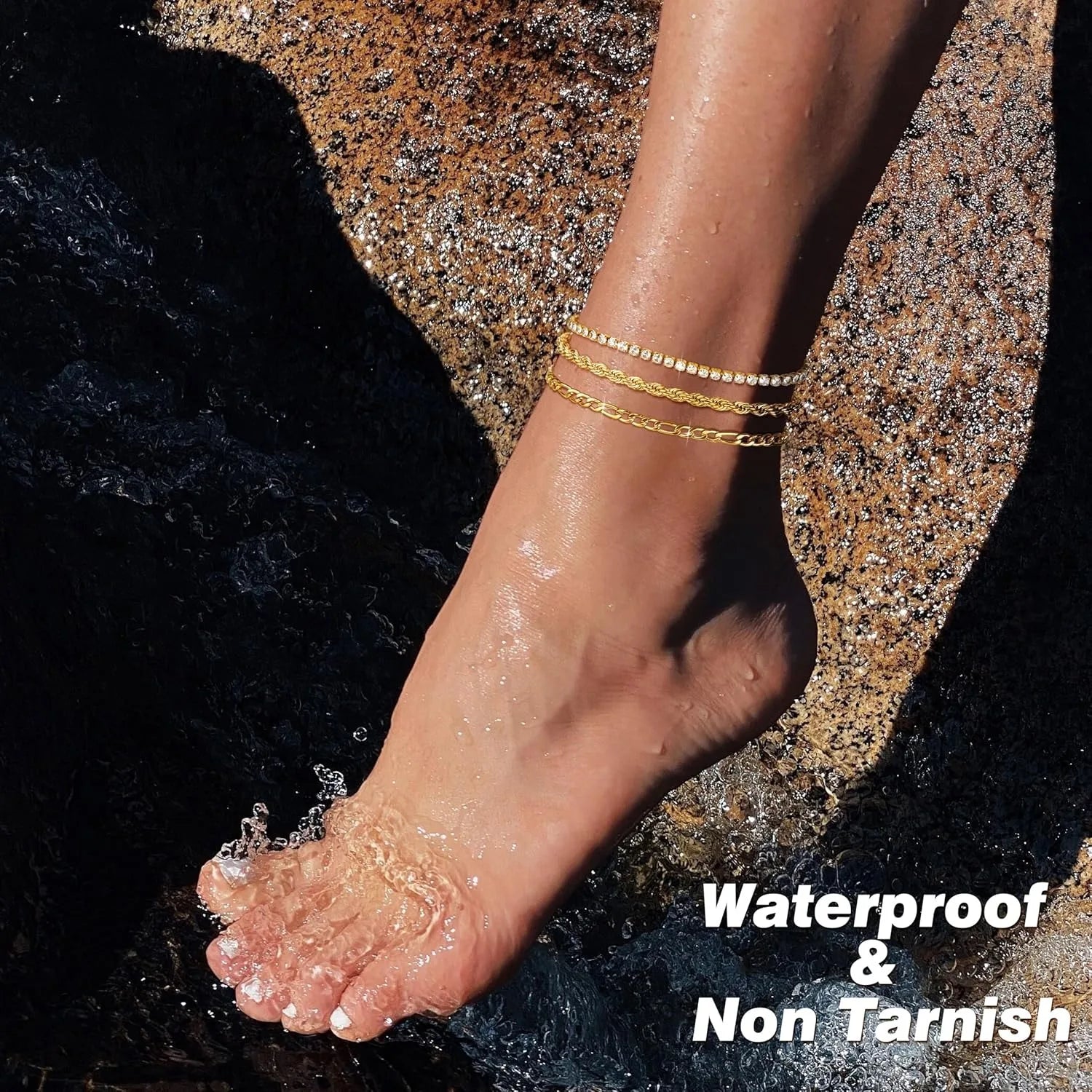 drperfect 5-Piece Gold Ankle Bracelet Set — Waterproof Cuban Link Anklets