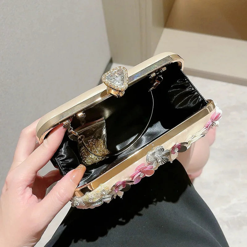 Elegant Floral Evening Clutch — Silk Handbag with Chain Strap