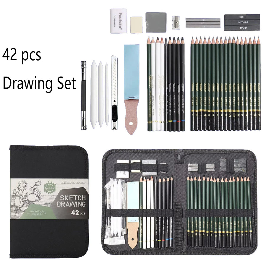 Professional 42-Piece Sketching Set — Complete Art Supplies Kit with Carry Case