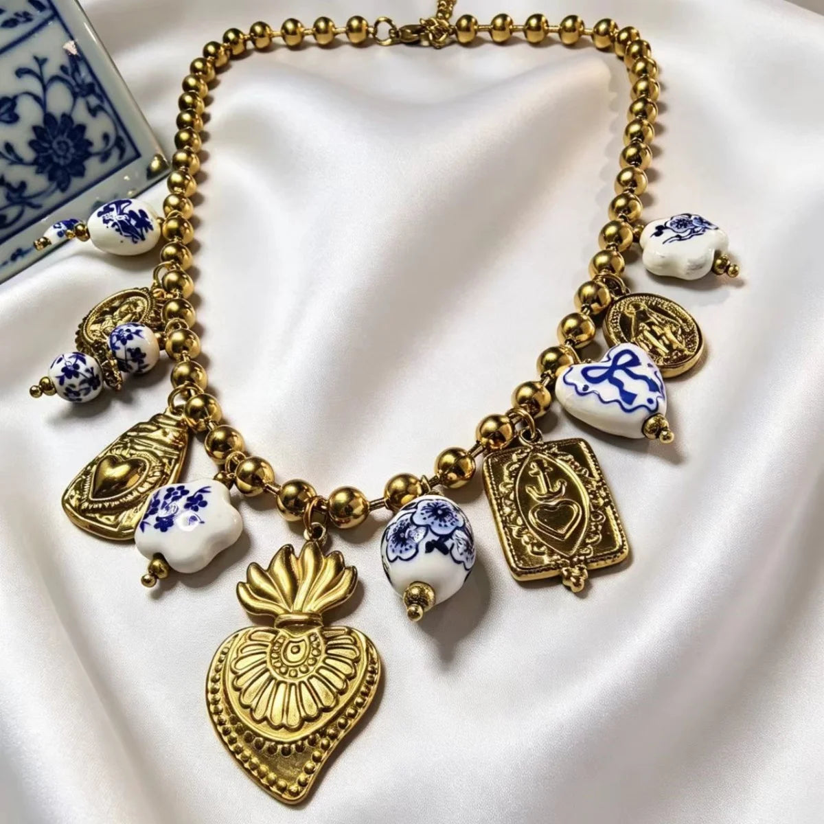 Obega Boho Porcelain Beaded Necklace — Sacred Heart Statement Jewelry