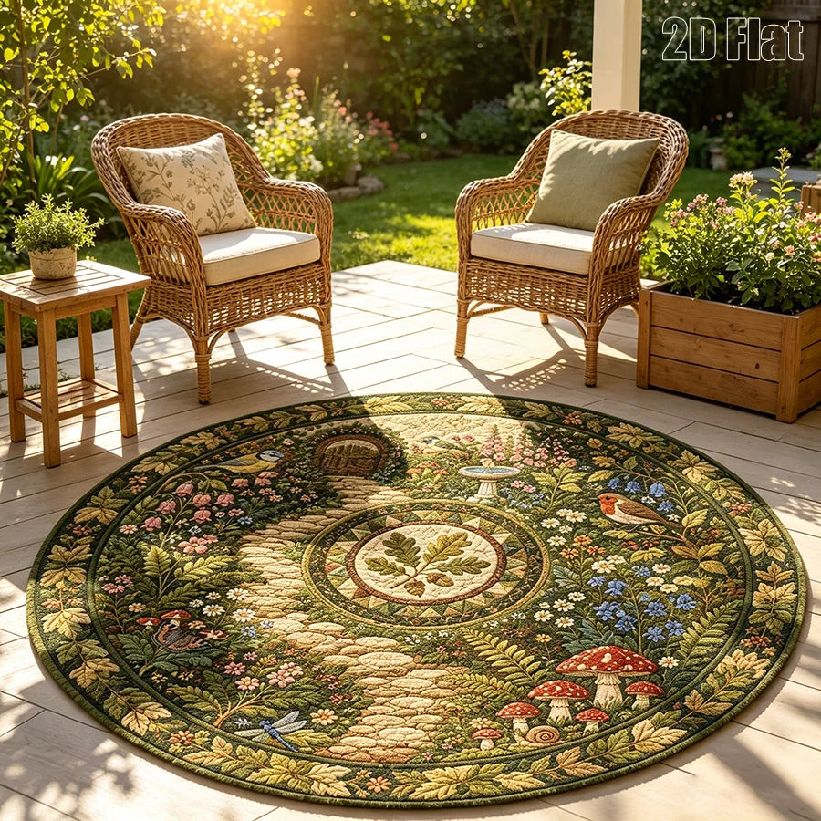 Mushroom and Bird Pattern Round Carpet — Pastoral Style Decorative Area Rug