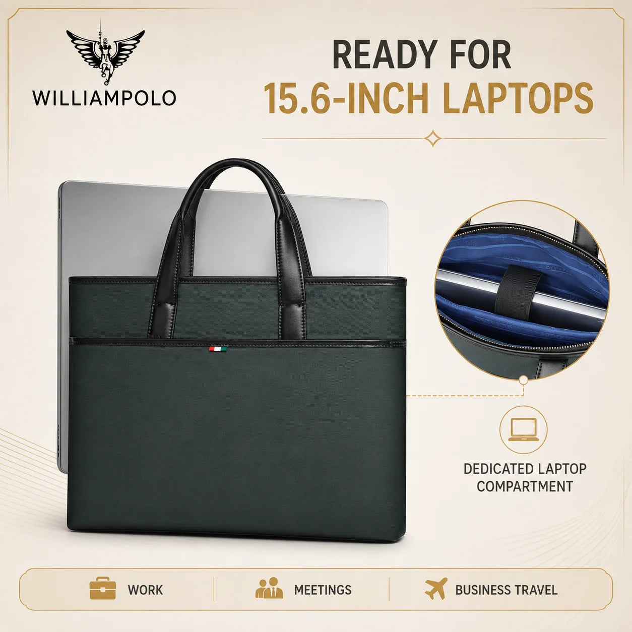 WilliamPAUL Men's Leather Business Briefcase — Professional Laptop Bag for Office and Travel