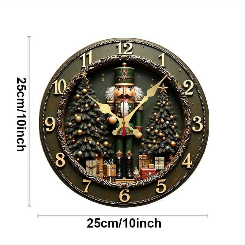 Nutcracker Wooden Wall Clock — Silent Round Holiday Decor
