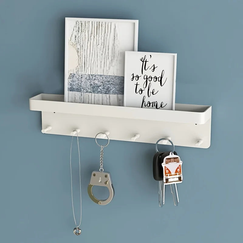 Wall Mount Key Holder — Adhesive Organizer with Mail Tray and 6 Hooks