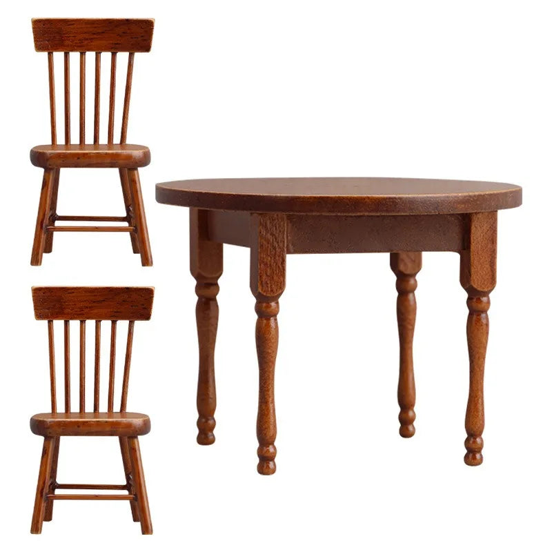 Miniature Wooden Round Table and Chair Set — Dollhouse Furniture Decor