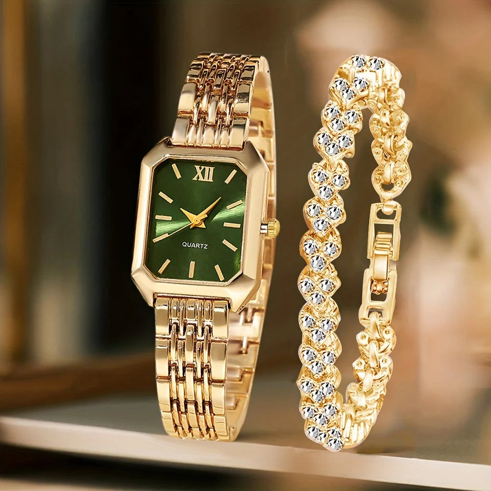 Women's Quartz Watch and Rhinestone Bracelet Set — Elegant Roman Dial Jewelry Kit