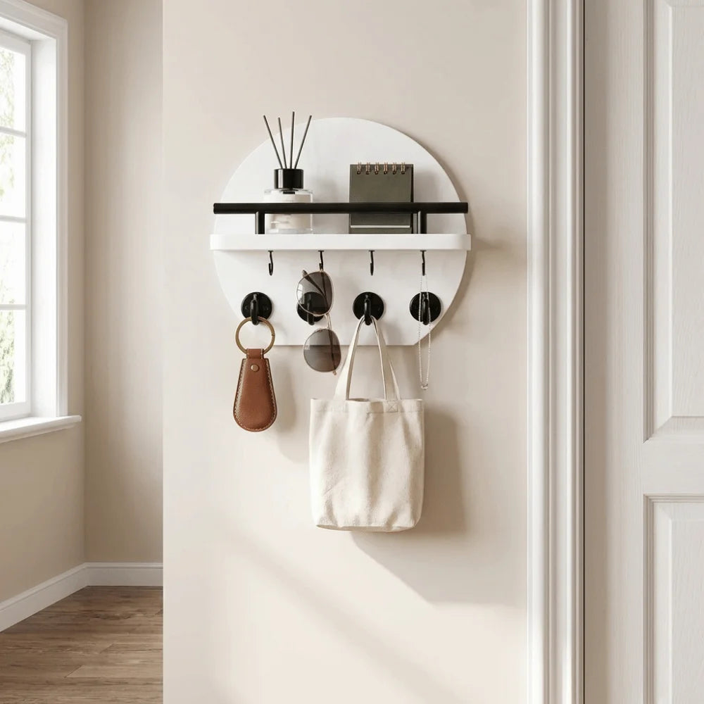 Retro Wall Mounted Key Holder — Decorative Wood Mail Organizer with Shelf