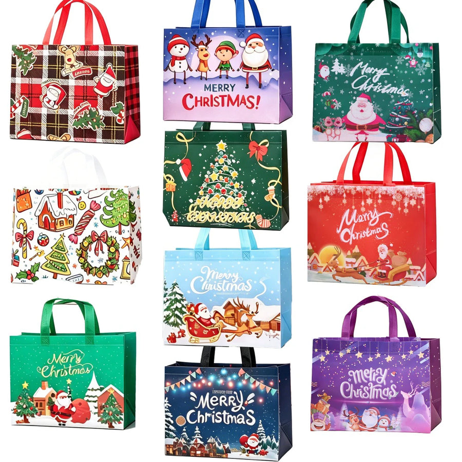 Christmas Pattern Gift Bags — Non-Woven Fabric Holiday Holders, 10 Pack