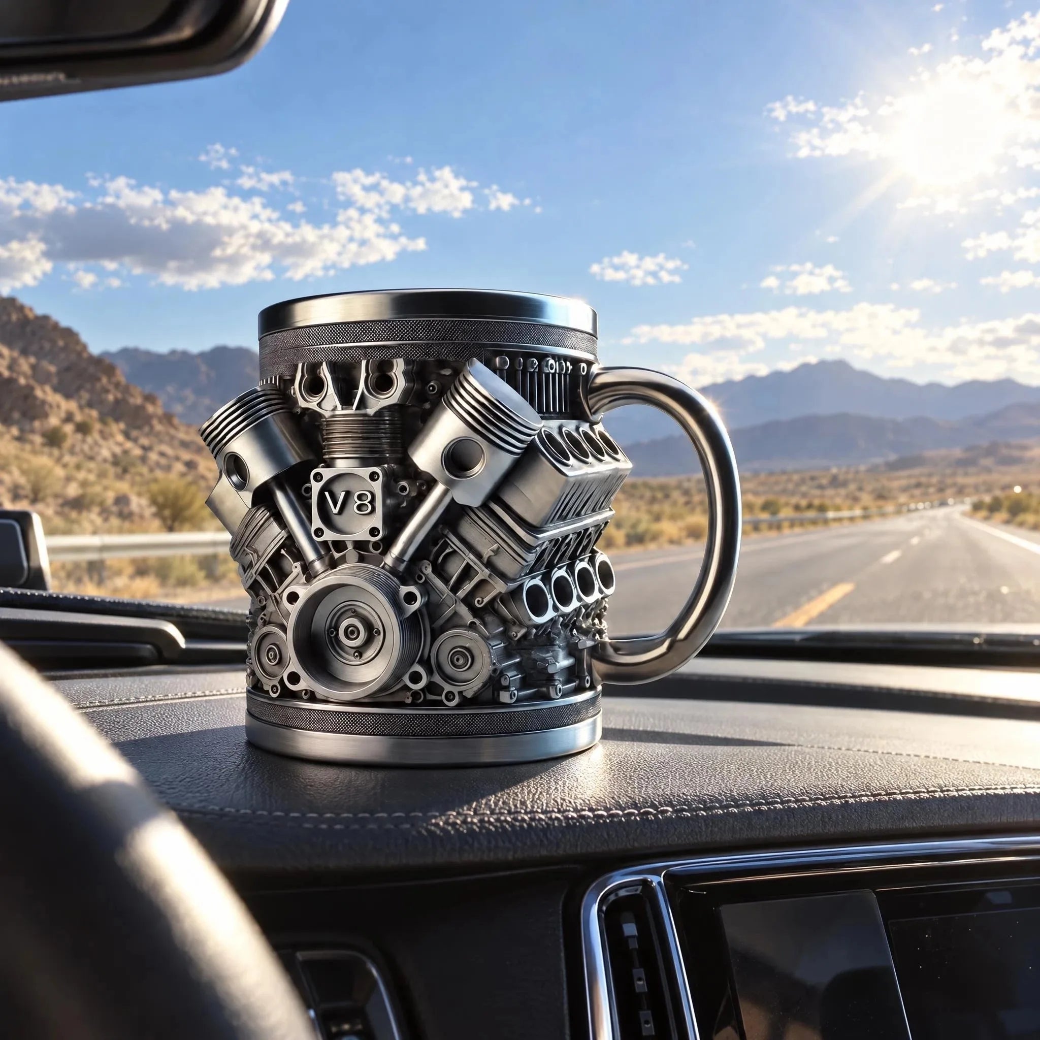 V8 Engine Stainless Steel Coffee Mug — 3D Mechanical Design Water Bottle