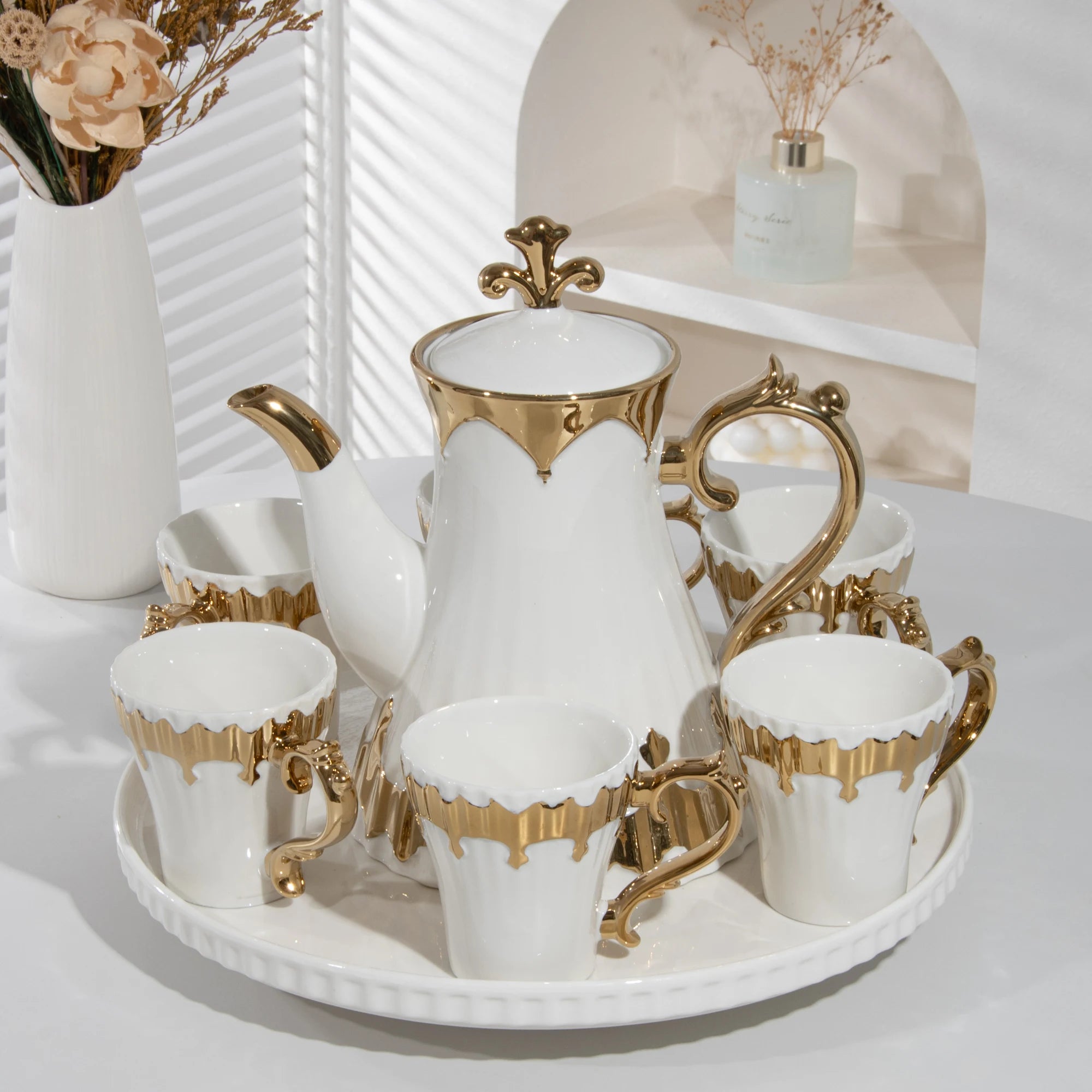 Luxury Porcelain Tea Set — Gilded Ceramic Teapot with 6 Cups and Tray