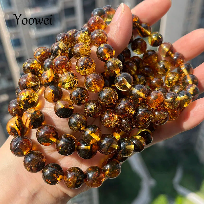Yoowei Natural Baltic Amber Bracelet — Round Piebald Gemstone Jewelry