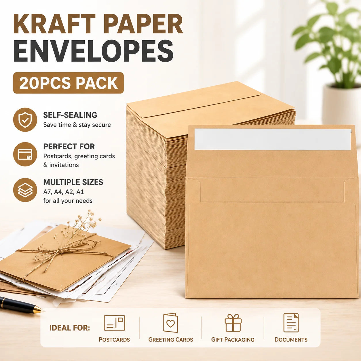 Kraft Paper Envelopes — Self-Sealing Stationery for Cards and Gifts