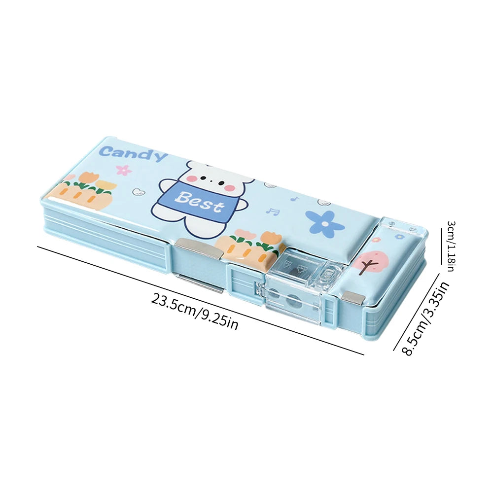 Cartoon Double-Sided Pencil Case — Automatic Stationery Box with Sharpener