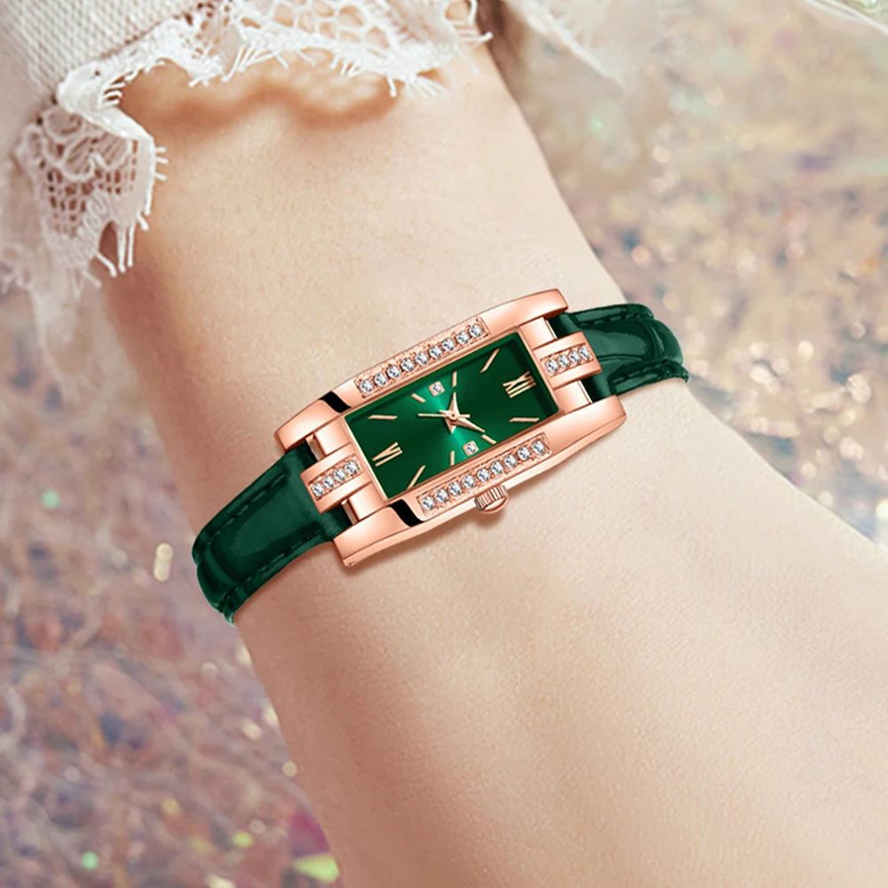 RUNERR Women's Luxury Diamond Quartz Watch — Elegant Green Dial Fashion Set