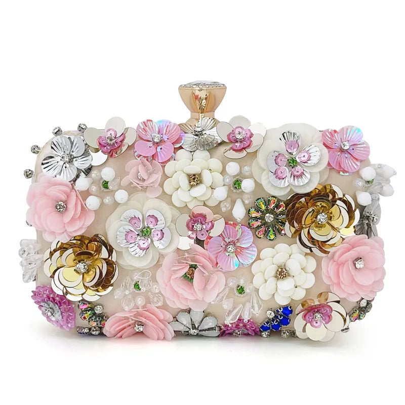 Elegant Floral Evening Clutch — Silk Handbag with Chain Strap