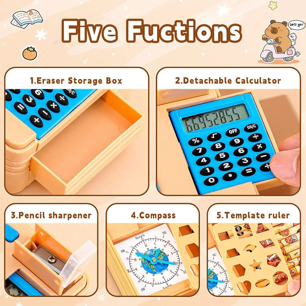 Multifunctional Plastic Pencil Case — Built-in Calculator and Sharpener