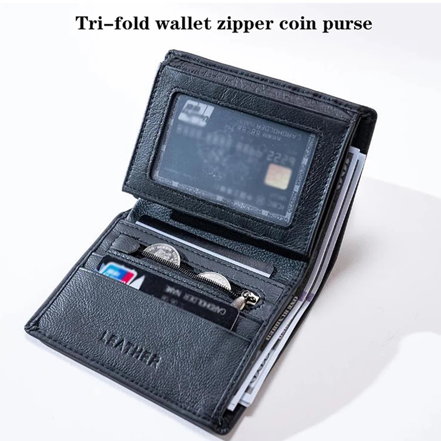 Men's Genuine Cow Leather Wallet — Vertical RFID Anti-Theft Business Purse