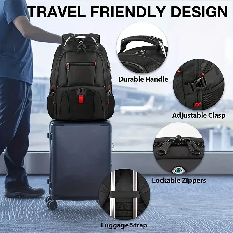 Men's Large Travel Backpack — Business Laptop Bag with USB Port