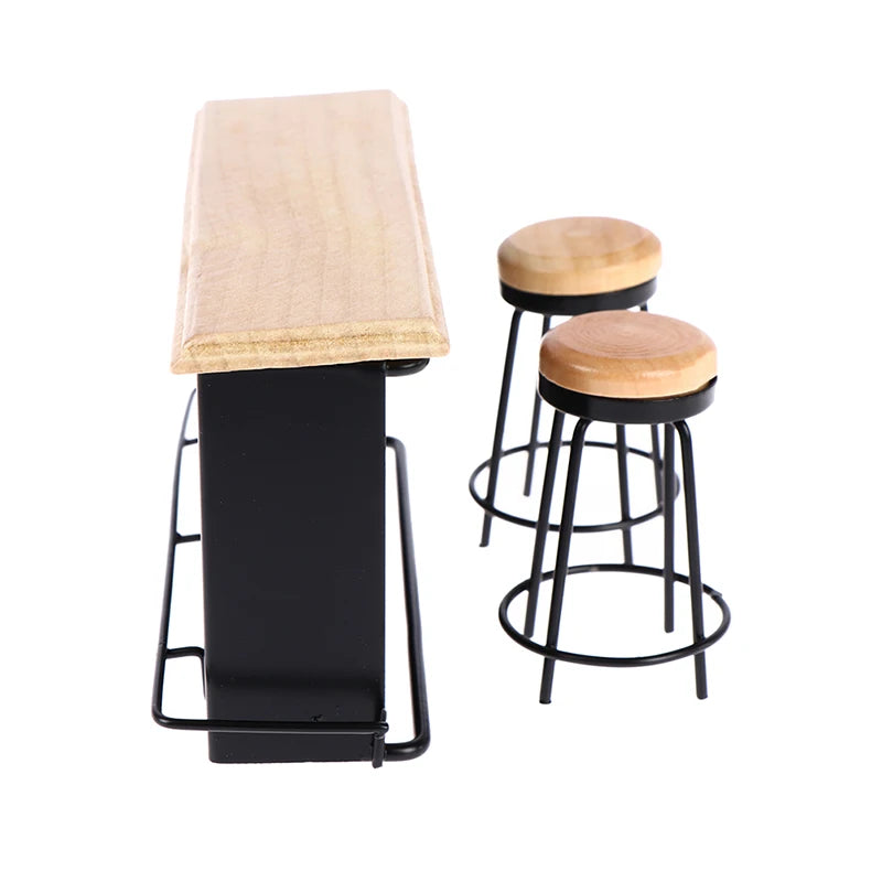 Miniature Bar Counter and Stool Set — 1:12 Scale Dollhouse Kitchen Furniture
